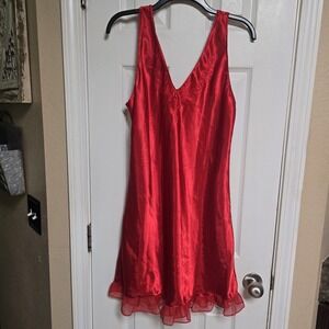 Vintage Inner Most Red Satin Nightgown Large Embroidered Ruffle Hem 90s Y2K